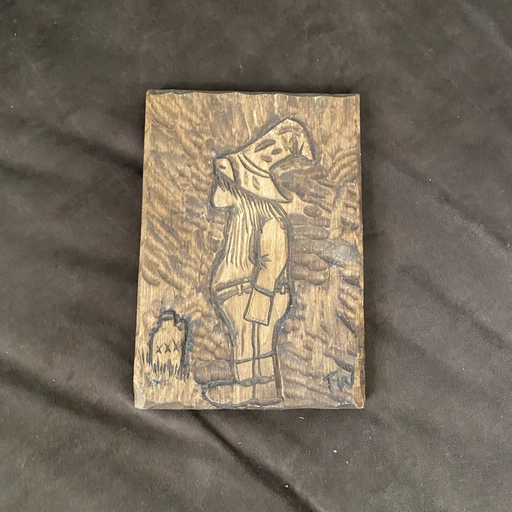 Vintage Hand Carved Pyrography Wooden Folk Art Gnome Plaque 8”x5”